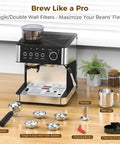 Next Level Espresso Machine With Built In Grinder And Automatic Milk Frother Compact Countertop with accessories and filters on wood surface.