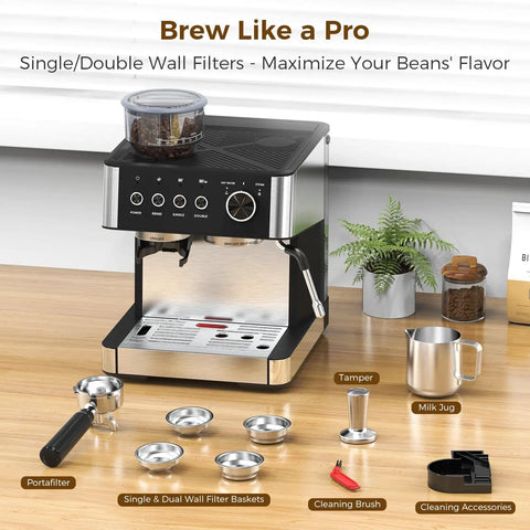 Next Level Espresso Machine With Built In Grinder And Automatic Milk Frother Compact Countertop with accessories and filters on wood surface.