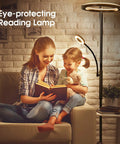 Two In One Smart Remote And Touch Control LED Floor Lamp With Reading Light, adjustable color temperature, in a cozy room.