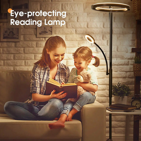Two In One Smart Remote And Touch Control LED Floor Lamp With Reading Light, adjustable color temperature, in a cozy room.
