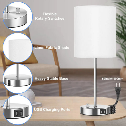 Dual USB Table Lamps With AC Outlet And Rotary Switch, White Fabric Shade Modern Nightstand Lights in room setting, Set Of 2