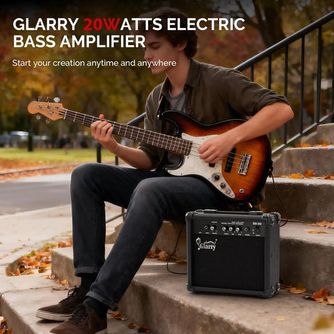 Musician playing guitar with Portable 20W Bass Combo Amp With Headphone And MP3 Aux Input Practice Ready Bass Guitar Amplifier