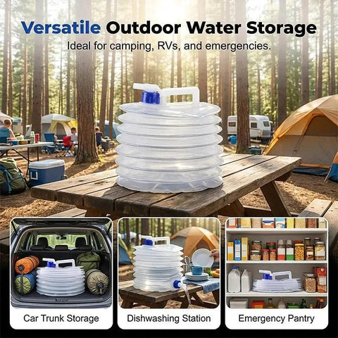 Collapsible Water Jug With Spigot For On The Go Camping And Hiking Clear Foldable Water Carrier With Carry Handle Leakproof Space Saving 8L Dispenser For Emergency Outdoor Travel shown on picnic table in campsite.