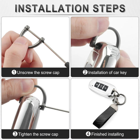 Installation steps for Premium Leather And Slick Carbon Fiber Keychain Featuring An Anti Lost D Ring and zinc key loops.