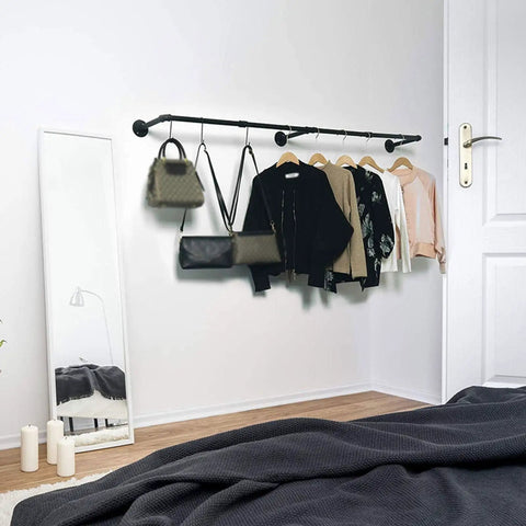 Heavy Duty Industrial Pipe Clothes Rack Wall Mounted With Double Pole Hanging Rod For Laundry Room And Closet A Strong Iron Garment Bar Space Saver For Small Rooms holding clothes and bags