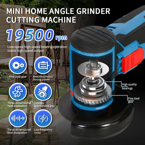 Cordless Mini Angle Grinder Kit With Dual 12V Batteries, Four Saw Blades, And 19500 RPM with internal gear and bearing details