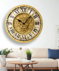 18 Inch Big Boy Gear Wall Clock With Smooth Rotating Cogs And Crisp Gold Roman Numerals on living room wall.