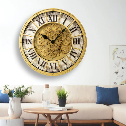 18 Inch Big Boy Gear Wall Clock With Smooth Rotating Cogs And Crisp Gold Roman Numerals on living room wall.