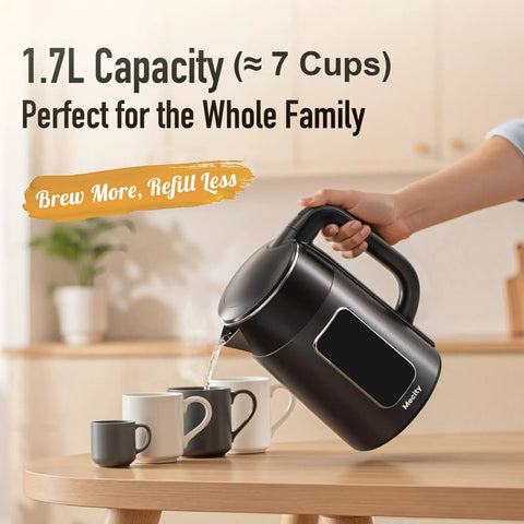 Electric Kettle 1.7L With Clear Touch Screen Temperature Control, No Plastic Contact With Water, Six Preset Temperatures For Tea Coffee Baby Formula, Keep Warm Up To Two Hours, Auto Shut Off, Dark Grey, pouring water into mugs on table