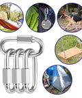 10 Pack 2 Inch Quick Links Three Sixteenth Inch 304 Stainless Steel D Shape Connectors shown with various outdoor uses: hammock, backpack, dog leash, swing, tent.