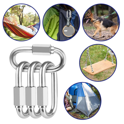 10 Pack 2 Inch Quick Links Three Sixteenth Inch 304 Stainless Steel D Shape Connectors shown with various outdoor uses: hammock, backpack, dog leash, swing, tent.