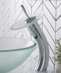 Tall Waterfall Vessel Sink Faucet With Frosted Glass Disk And Pop Up Drain Chrome Finish Next Level Centerpiece