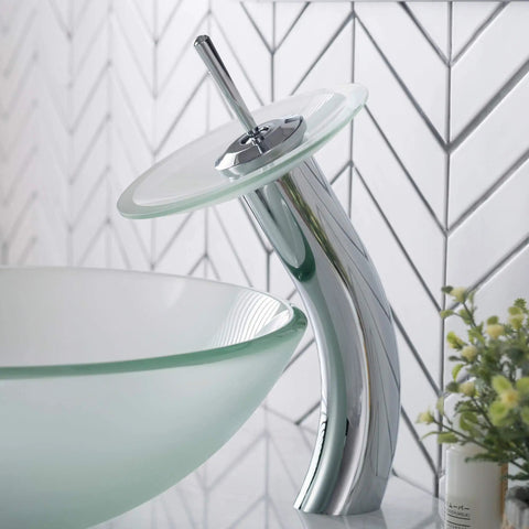 Tall Waterfall Vessel Sink Faucet With Frosted Glass Disk And Pop Up Drain Chrome Finish Next Level Centerpiece
