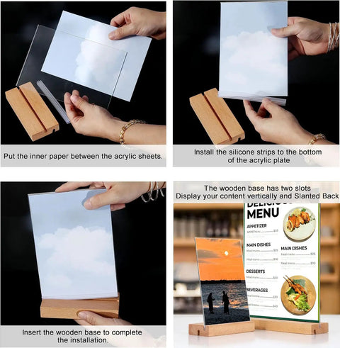 5x7 Inch Acrylic Sign Holder With Beech Wood Base for Vertical or Slant Back Desk Display setup instructions