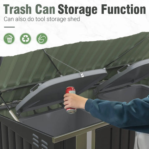 5.8x3.3 Ft Outdoor Storage Shed With Steel Frame Galvanized Metal Construction, open lid showing trash storage