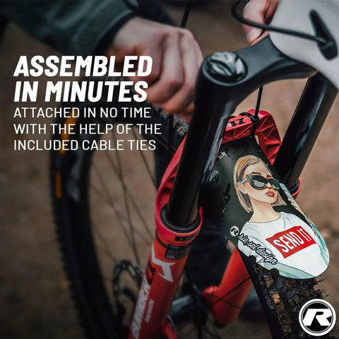 Front Bike Fender For Face And Suspension Fork Protection With Secure Fit For Enduro Trail All Mountain Cross Country Freeride Downhill And EMTB Rides Keeps Goggles Clean And Dry In Mud And Rain attached with cable ties on red bike