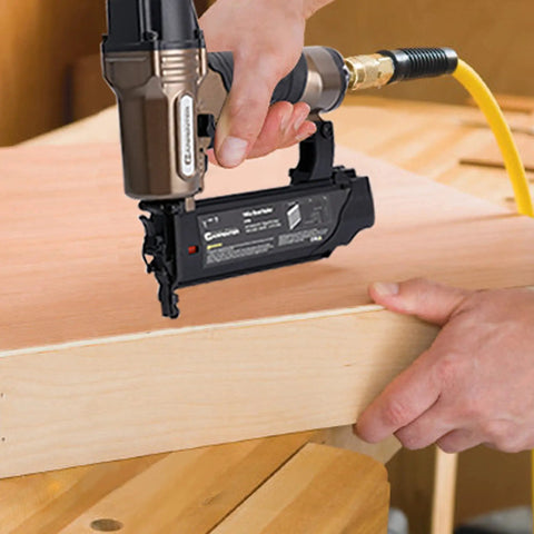 Heavy Duty Pneumatic Brad Nailer Delivers Top Notch Performance With No Hassle Quick Release And Dead Nuts Precision Depth Settings used to fasten wood.
