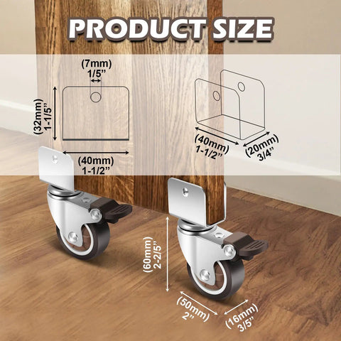Product size illustration for 2 Inch Rubber Caster Wheels With 3/4 Inch U Bracket Slick Swiveling Casters showing dimensions.