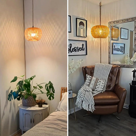 Plug In Pendant Light With Handwoven Bamboo Shade, Double Layer Boho Wicker Rattan Hanging Lamp in cozy interior settings