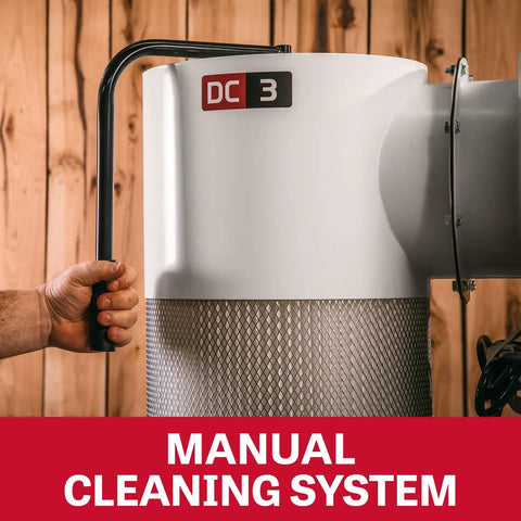 Professional 3 Hp 230 Volt Cyclone Dust Collector With 2 Micron Pleated Filter And Wireless Remote Timer Shut Off, featuring manual cleaning system.