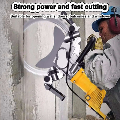 Supercharged Electric Concrete Circular Saw With Built In Water Fed Dust Suppression And Ring Diamond Blade Wall Chaser Masonry Cutter Slices Through Granite Stone Like Butter Quick Clean Cuts Up To Forty Nine Centimeters Deep Ac8600 cutting through concrete wall.