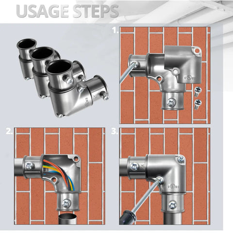 Five Pack One Half Inch EMT Fittings 90 Degree Inside Corner Pull Elbows Heavy Duty Galvanized Steel Conduit Adapters shown in installation steps.