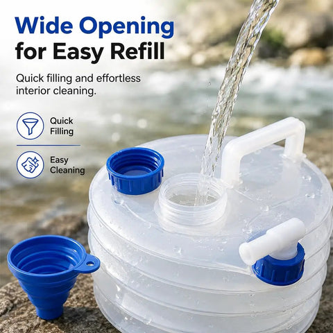 Collapsible 5 Gallon Water Jug with spigot, wide opening for easy refill, BPA free, portable for camping and home emergency prep.