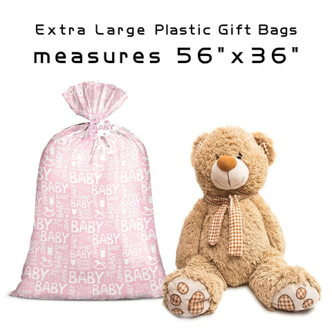 Pink Jumbo Plastic Gift Bag With Baby Girl Design Includes Tag And Tie 56 x 36 Inches Extra Large Perfect For Birthday Parties Baby Showers And Holidays