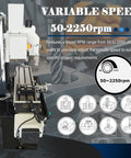 Built Tough Benchtop Mill Drill Press With Dead On Accurate 3 Axis DRO And Smooth X Axis Power Feed Cuts Metal Wood Plastic Projects Like A Champ Every Time, showcasing variable speed control from 50-2250 RPM.