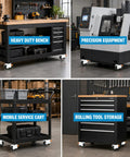 Heavy Duty Leveling Casters With Knurled Ratchet Handle For No Worries Height Tuning 3300 Lbs Load Capacity Set Of 4 white swivel wheels on workbench.