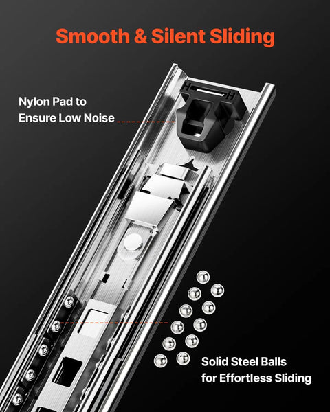 Close-up of Heavy Duty 30 Inch Drawer Slides 250 Lb Capacity with locking ball bearing side mounts showing nylon pad and steel balls