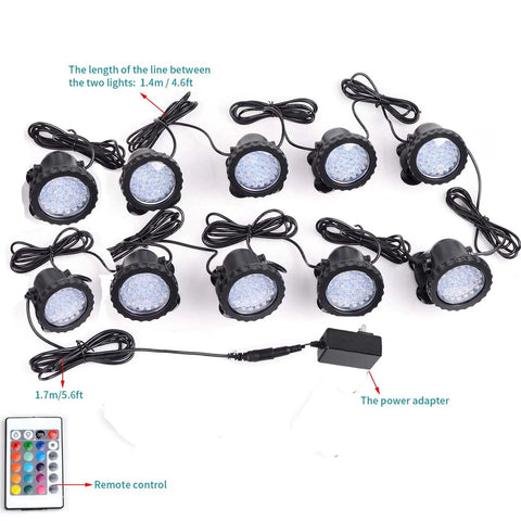 Underwater Pond Spotlight Set Of 10 With 36 LED Bulbs IP68 Waterproof Lights with remote control and power adapter.