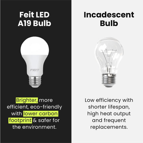 Comparison of Feit LED A19 Bulb and Incandescent Bulb with features highlighted.