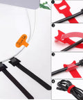 60 Pack Cable Labels and Cord Organizer Kit with colored wire labels, black ties, and red velcro demonstrating cord management