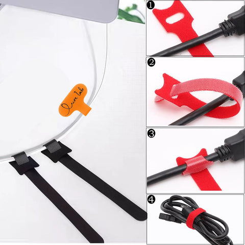 60 Pack Cable Labels and Cord Organizer Kit with colored wire labels, black ties, and red velcro demonstrating cord management