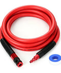 Reliable Workhorse Lightweight Hybrid Air Compressor Hose 3/8 Inch By 10 Feet Featuring Kink Resistant Flexibility 300 Psi Pressure Rating And Quick Connect Couplers, red tubing with connectors.