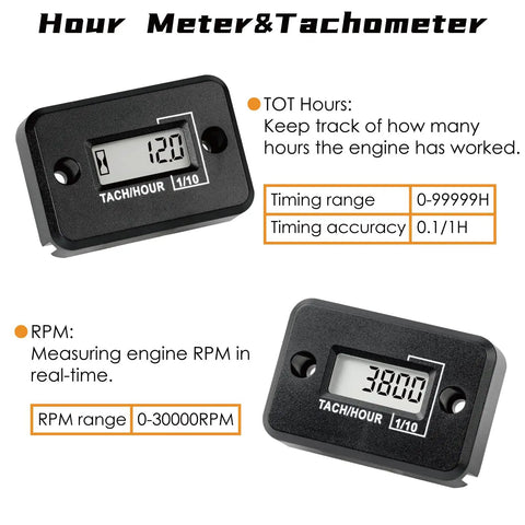 Self Powered Digital Tach Hour Meter With LCD Inductive Tachometer And Waterproof RPM Counter For Gas Engines Like Lawn Mowers, Motorcycles, Snowmobiles, Generators, 2 Stroke And 4 Stroke Equipment black LCD display