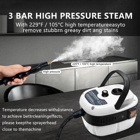 High pressure steam being released from Heavy Duty 2500W Handheld Steam Cleaner With 3 Quick Swap Brushes.