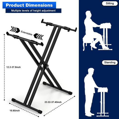 Dimensions guide for Double X Keyboard Stand For Digital Pianos And 54 To 88 Key Keyboards Portable Heavy Duty Adjustable Music Stand