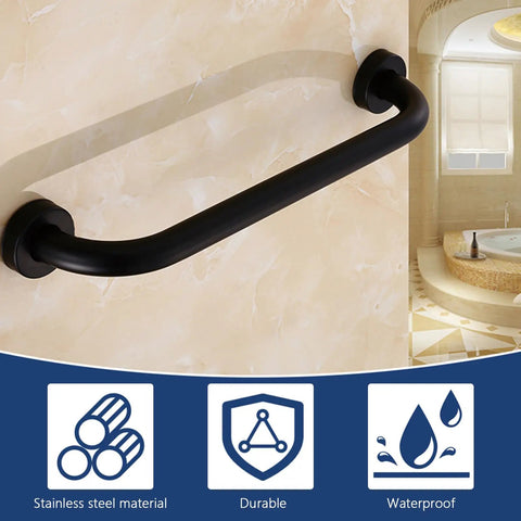 Built Like A Tank Matte Black Stainless Steel Grab Bars 12 Inch Handrail on wall in a bathroom setting.