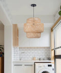Bamboo Pendant Light For Kitchen Island And Living Room, Rattan Handwoven Hanging Fixture With Natural Bamboo Lampshade in laundry area