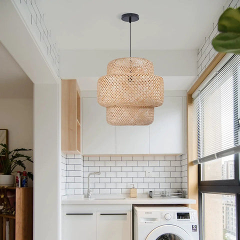 Bamboo Pendant Light Fixture For Kitchen Island With Handmade Weave Lampshade Natural Chandelier in a bright kitchen setting