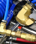 Close-up of 90-degree brass pipe elbow in use, showcasing the Five Pack 90 Degree Brass Pipe Elbows, 1/4 Inch NPT Male To 1/4 Inch NPT Female Fittings.