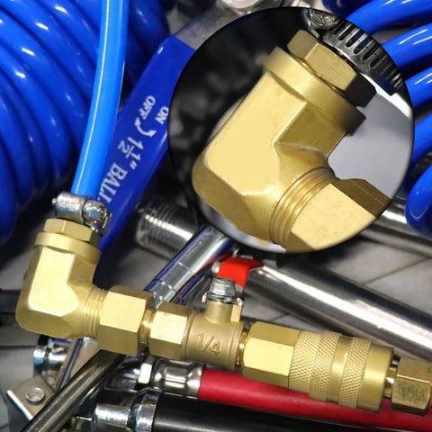 Close-up of 90-degree brass pipe elbow in use, showcasing the Five Pack 90 Degree Brass Pipe Elbows, 1/4 Inch NPT Male To 1/4 Inch NPT Female Fittings.