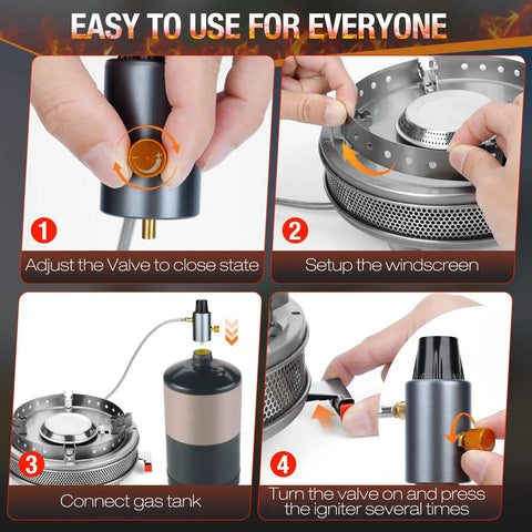 Portable Propane Camping Stove With 13500 BTU Burner Piezo Ignition Adjustable Flame From 3500 To 13500 BTU setup guide