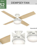 52 Inch Indoor Ceiling Fan With LED Light And Remote Control, White Modern Low Profile Mount, Four Blades For Bedroom