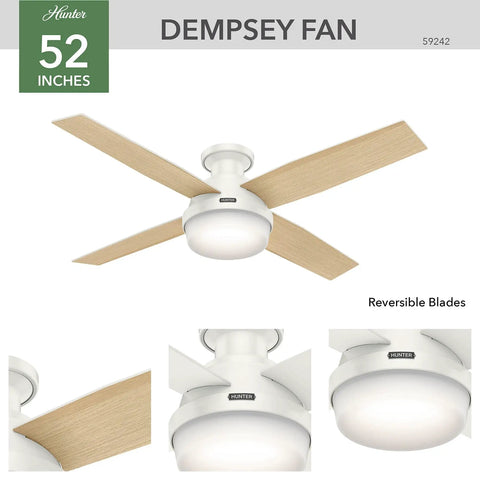 52 Inch Indoor Ceiling Fan With LED Light And Remote Control, White Modern Low Profile Mount, Four Blades For Bedroom