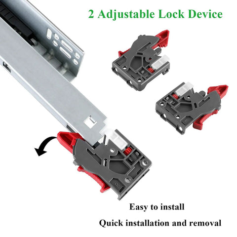 Two adjustable lock devices for Six Pairs Of 18 Inch Soft Close Undermount Full Extension Drawer Slides featuring slick ball bearing action.