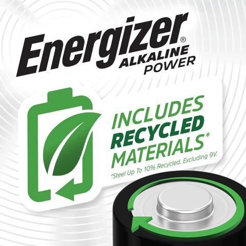 Energizer Heavy Duty Size D Alkaline Batteries 12 Pack with green recycling symbol and logo for eco-conscious users.