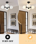 Mid Century Modern Semi Flush Mount Ceiling Light Fixture Farmhouse Black Globe Sputnik Chandelier With Four Milk Glass Globes For Hallway And Living Areas Dope Glow, off and on view